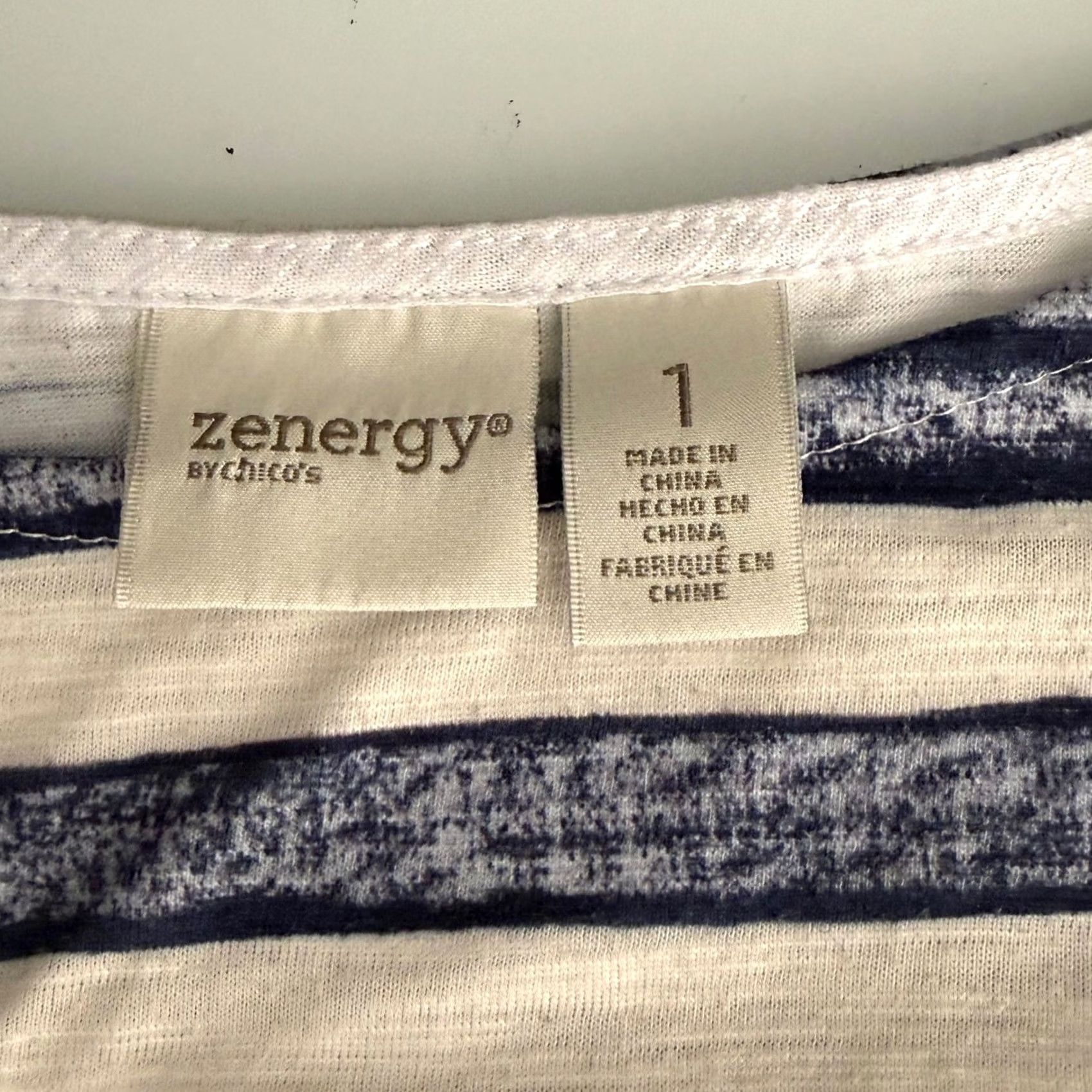 Vintage Zenergy by Chico's Womens T-Shirt Cold Shoulder Striped Blue White Crew Neck Short Sleeve 8 Regular Casual Summer Womens Size M / US 6-8 / IT 42-44 - 7 Thumbnail