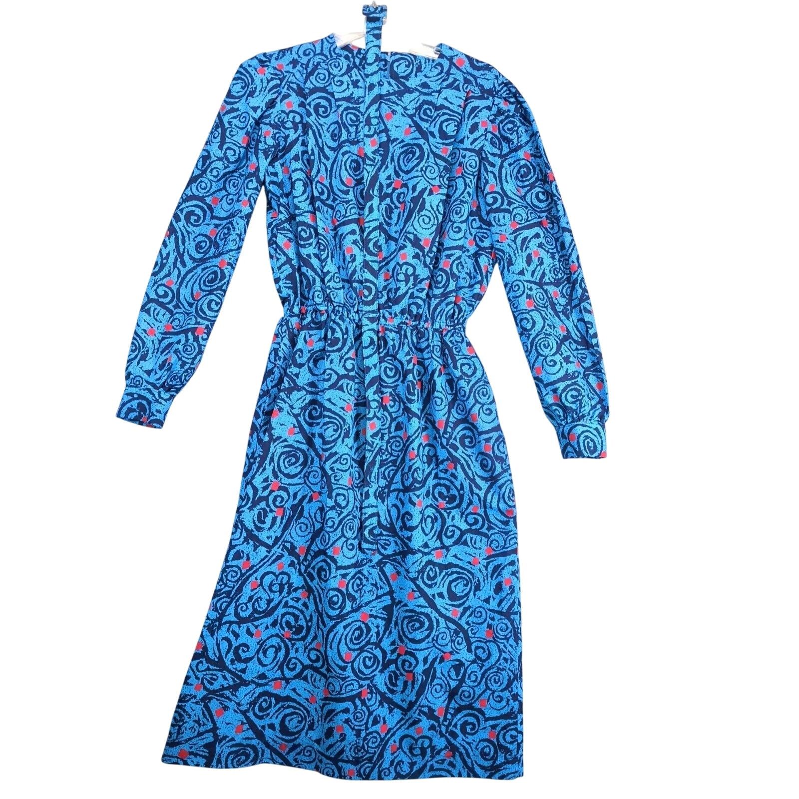 Handmade Vintage 1980s Handmade Blue Swirl Belted Blouson Dress Sz M Size M / US 6-8 / IT 42-44 - 1 Thumbnail