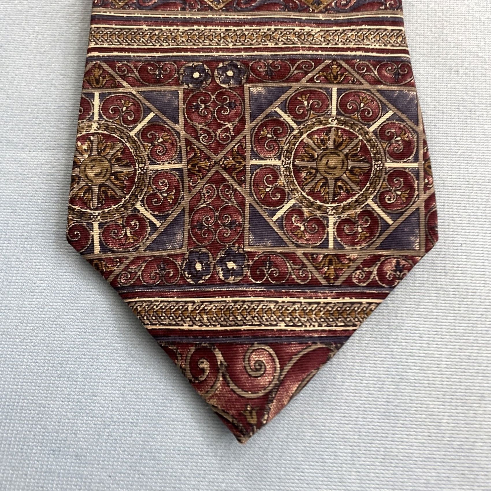 Vintage VINTAGE Courtney All Silk Tie vtg 90s Optical ArtDeco Spoke Burst Geometry Red Gray 4x56 Capsule Wide Necktie Mens Silk Tie Size ONE SIZE - 2 Thumbnail