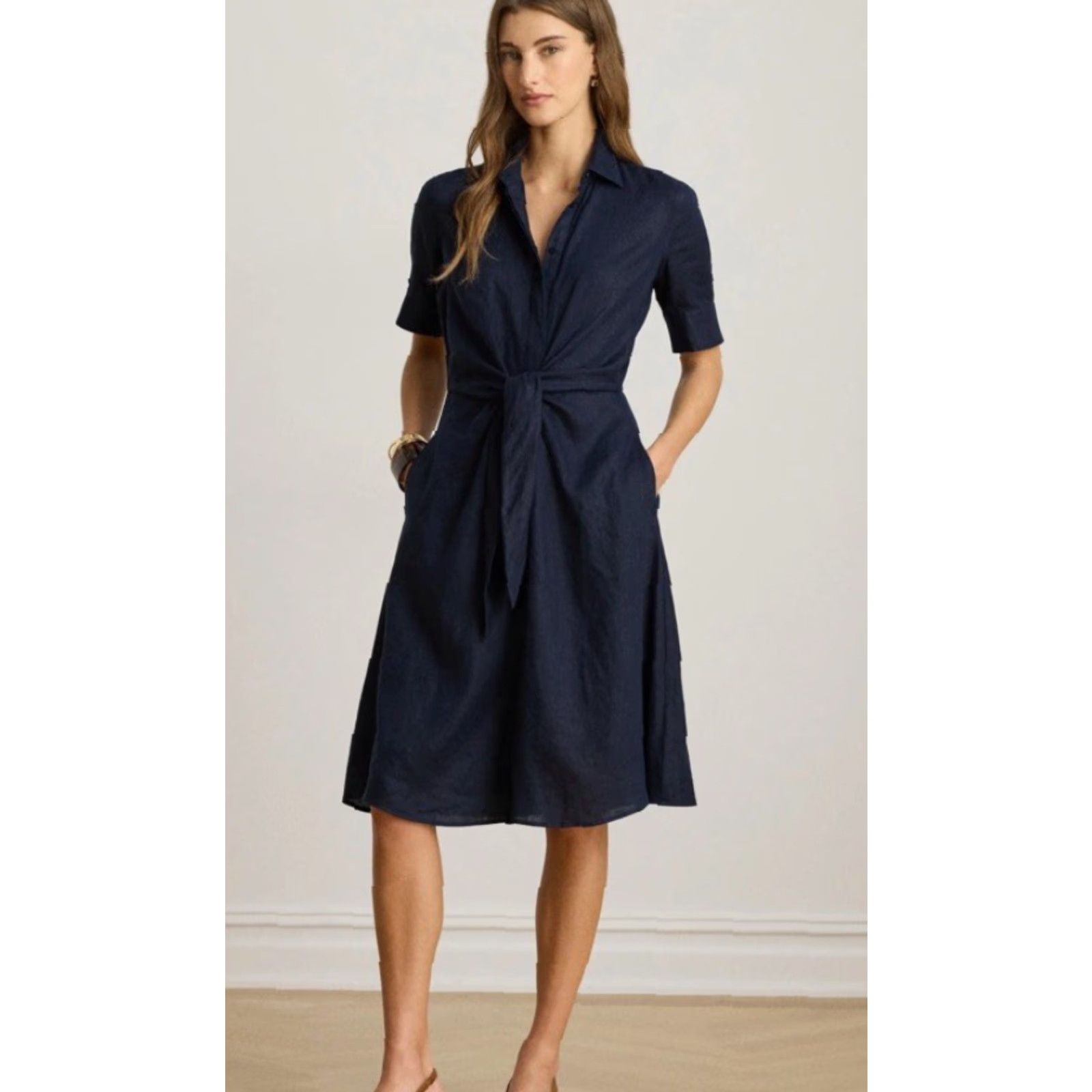 Ralph Lauren Lauren Ralph Lauren Dress Wakana Tie-Front Linen Sz 00 Navy Blue Preppy Size XXS / US 00 / IT 34 - 2 Thumbnail