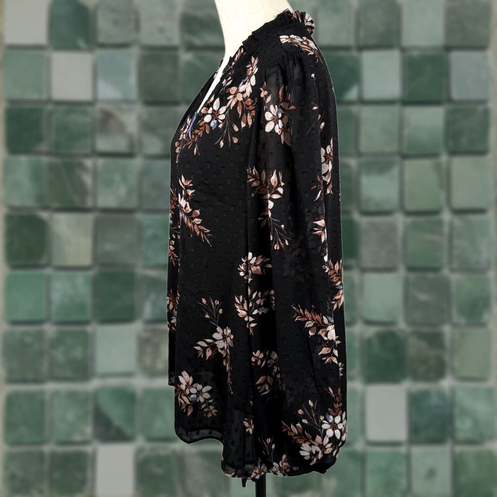 Vintage Hilary Radley L Blouse Black Floral Clip Dot Ruffle V-Neck Long Sleeve Sheer NWT Bohemian Fall/Sping Tunic Women Size L / US 10 / IT 46 - 1 Thumbnail