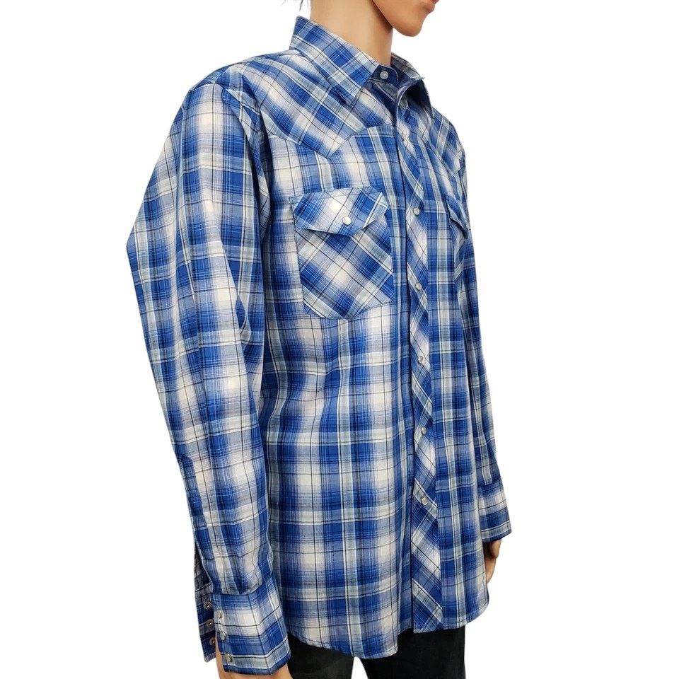 Wrangler NWOT Wrangler Western Snap Shirt Blue Plaid Check Men L Size US L / EU 52-54 / 3 - 6 Thumbnail