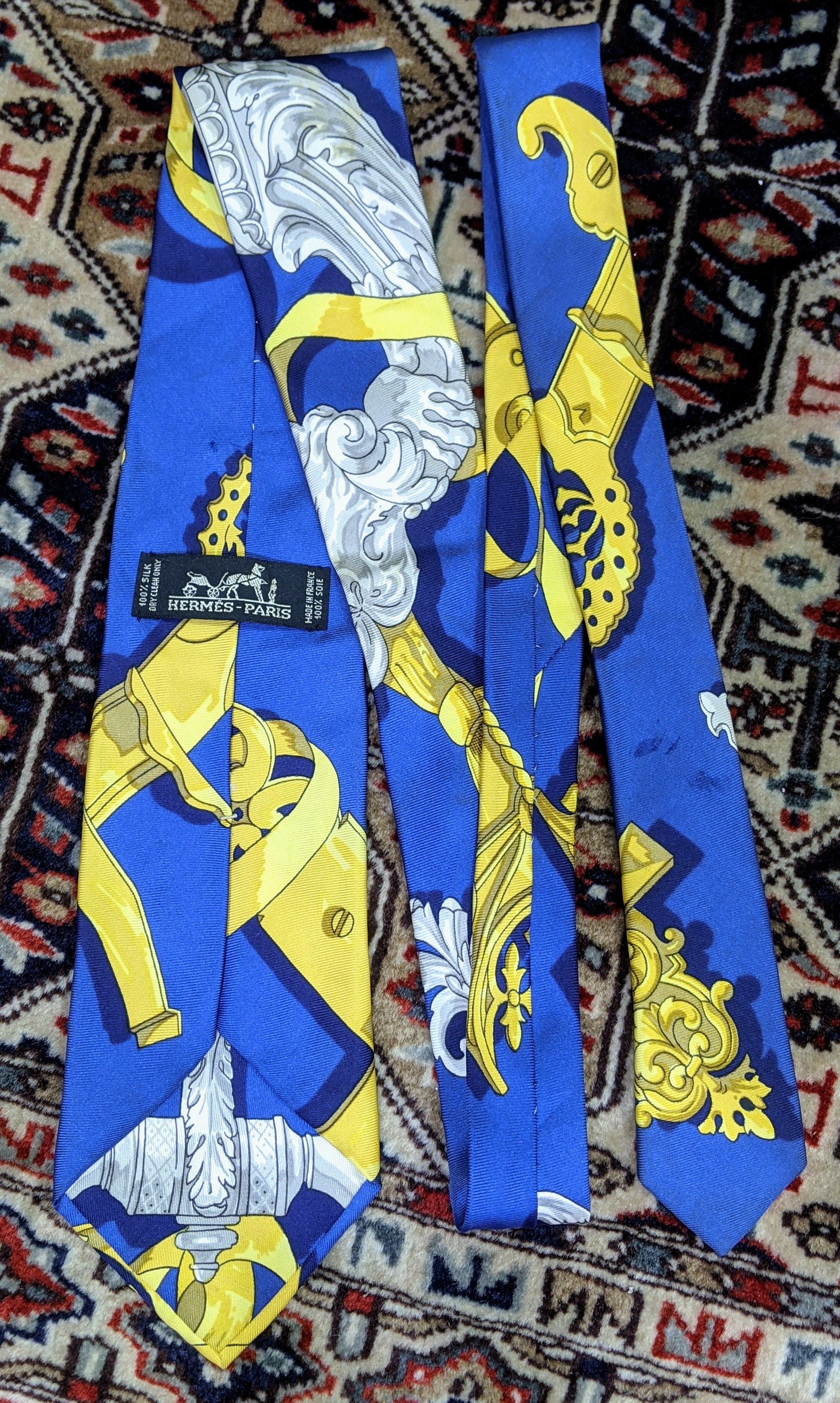 Hermes Hermes 💯 Silk Made in France Blue Yellow Tie Size ONE SIZE - 3 Thumbnail