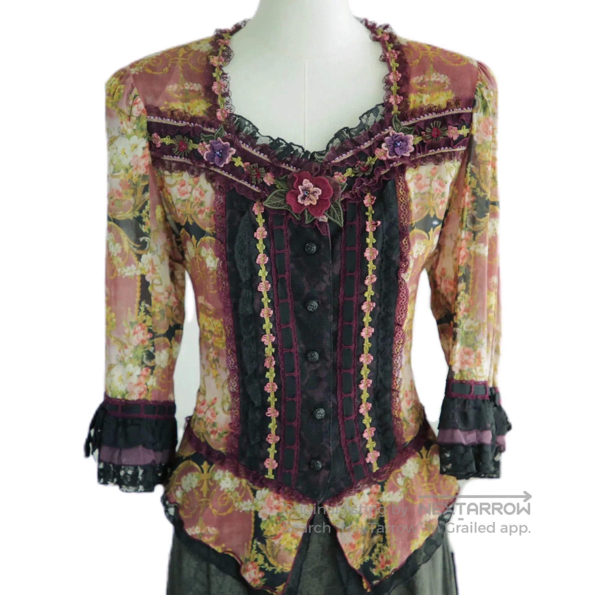 Vintage Floral Print Sheer Blouse.