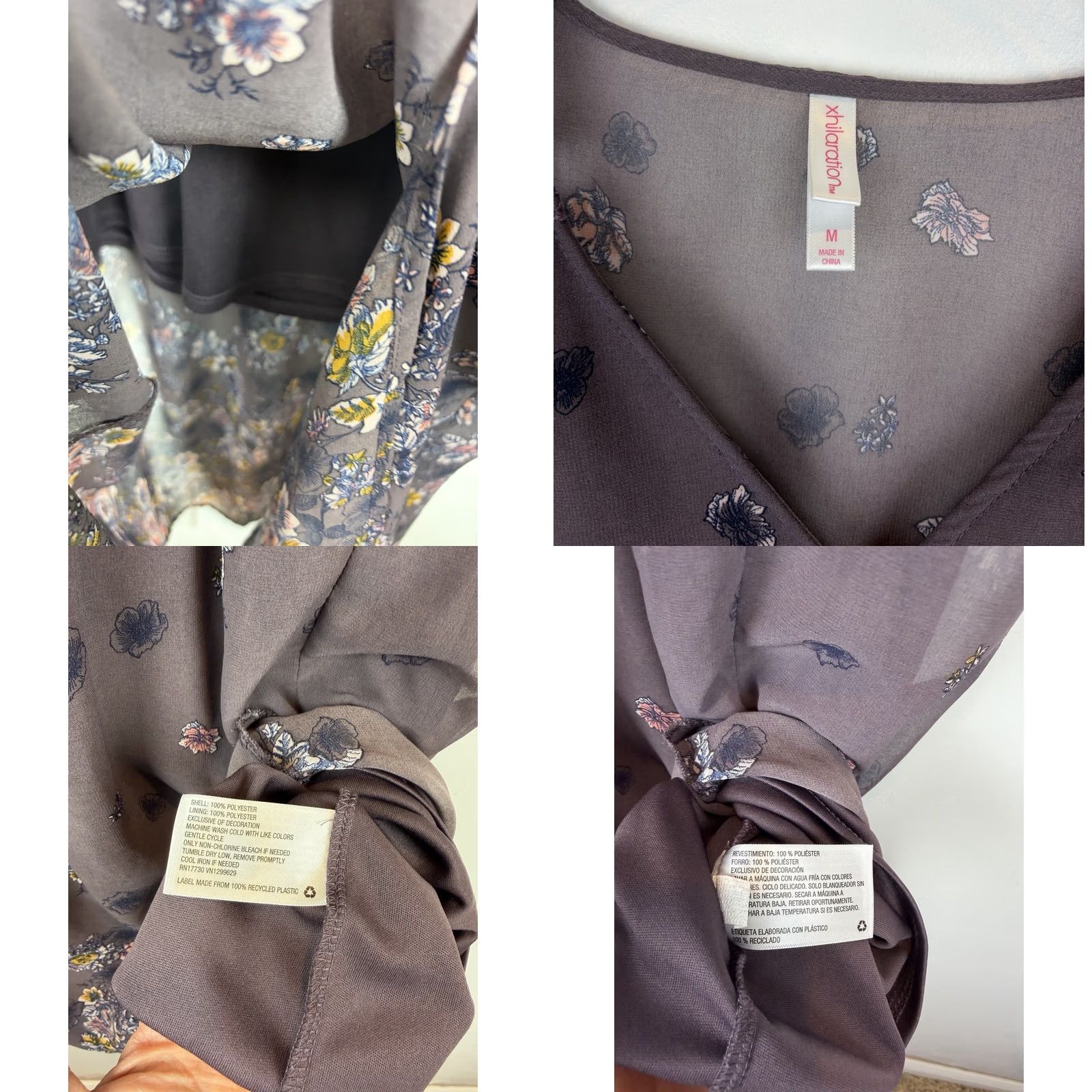 Vintage Xiliration Floral Midi Dress Womens M Gray Sleeveless V-Neck Chiffon Beaded Ruffle Sheath Size M / US 6-8 / IT 42-44 - 8 Thumbnail
