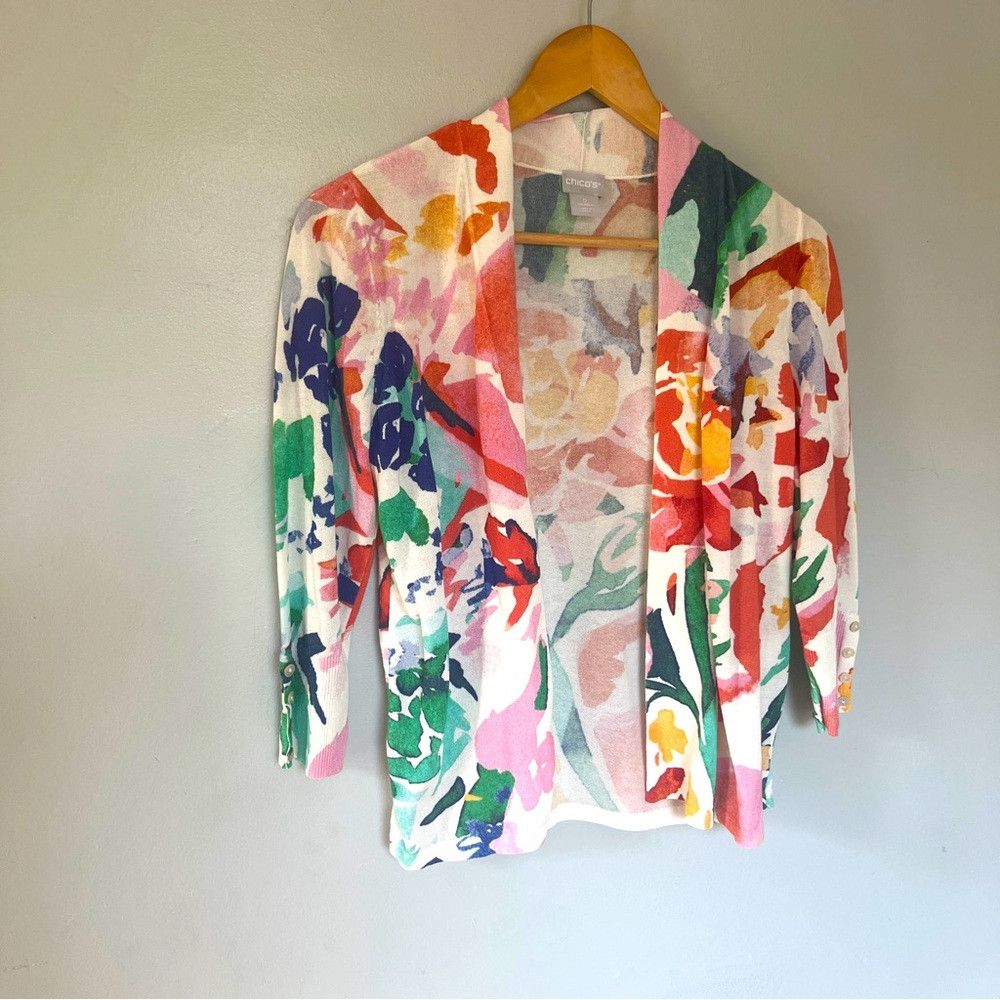 Chicos Chico's The Perfect Cardi Floral Cardigan White Orange Small Size S / US 4 / IT 40 - 1 Thumbnail