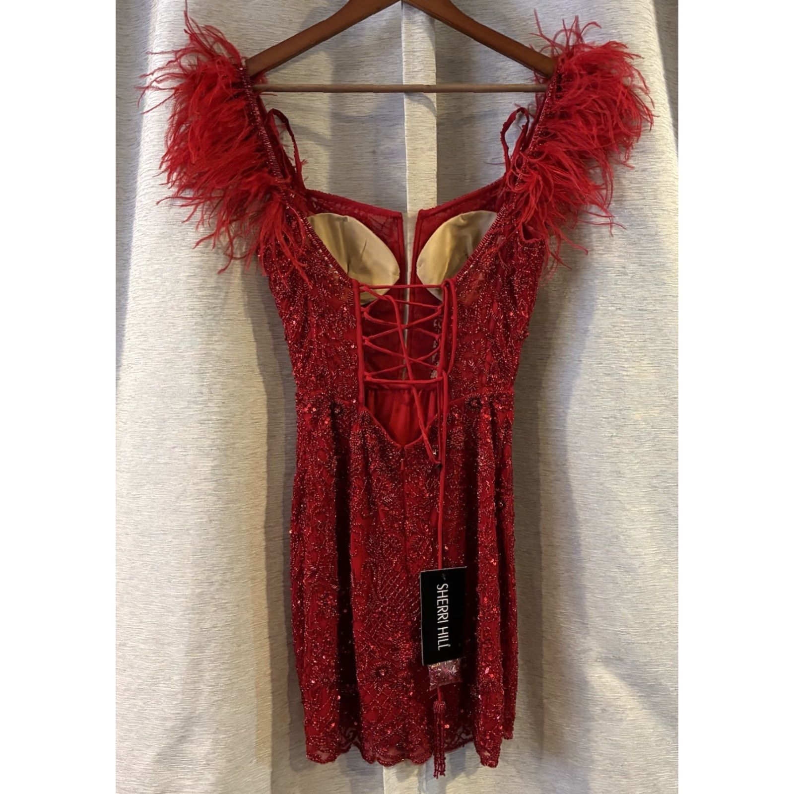 Vintage Sherri Hill Dress Short Red Sequin 55148 Off Shoulder A-Line NWT Size 4 Womens Feathers Prom NWT Size 27" / US 4 / IT 40 - 4 Thumbnail
