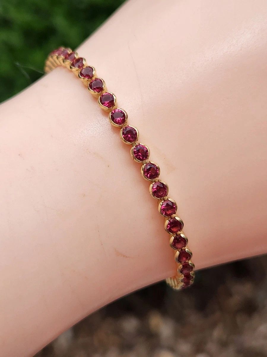 Sterling Silver Sterling Silver Tennis Bracelet Garnet Gold 8" Size ONE SIZE - 6 Thumbnail