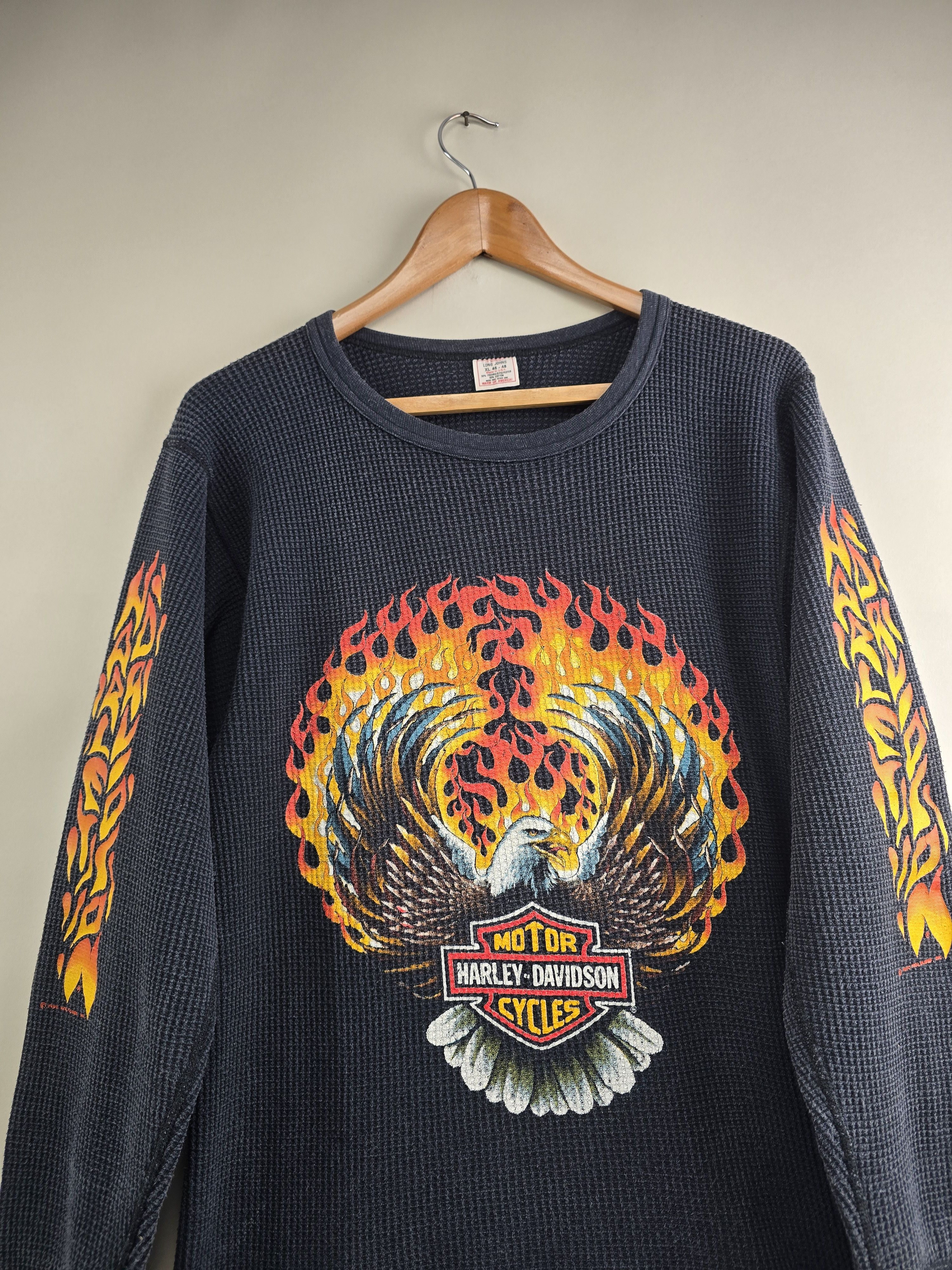 Harley Davidson × Vintage 1990 Harley Davidson Flames Thermal Long-sleeved XL Size US XL / EU 56 / 4 - 2 Thumbnail