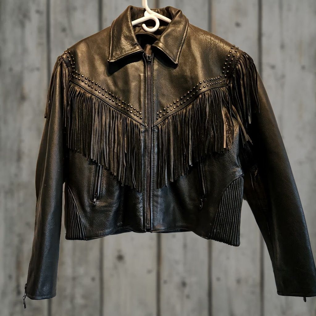 Vintage Vtg Genuine Leather Tassel Black Motorcycle Cafe Racer Jacket Womens Medium Size M / US 6-8 / IT 42-44 - 1 Thumbnail