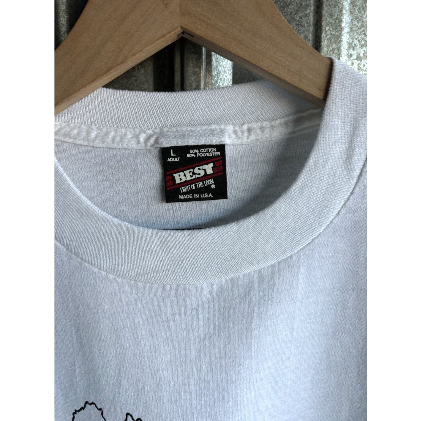 Fruit Of The Loom VINTAGE 90s Fruit of the Loom Tyrolean Tee L White Shirt Mens 90s City USA Disney Cars Free! Stitch Bill Blue Crew Neck Cotton Knit Short Sleeve Size US L / EU 52-54 / 3 - 4 Thumbnail
