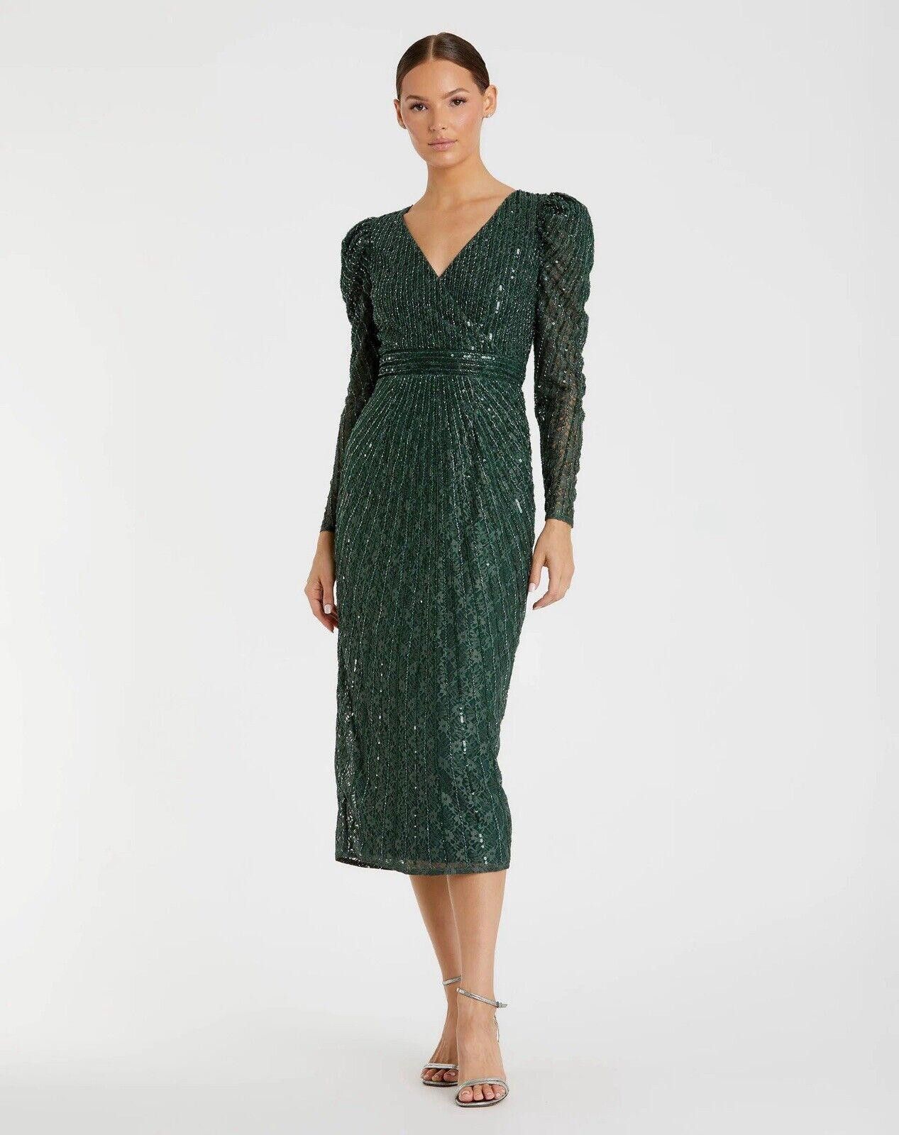 Designer NWT Mac Duggal Long Sleeve Beaded Lace Sequin Green Dress 4 Size S / US 4 / IT 40 - 1 Thumbnail
