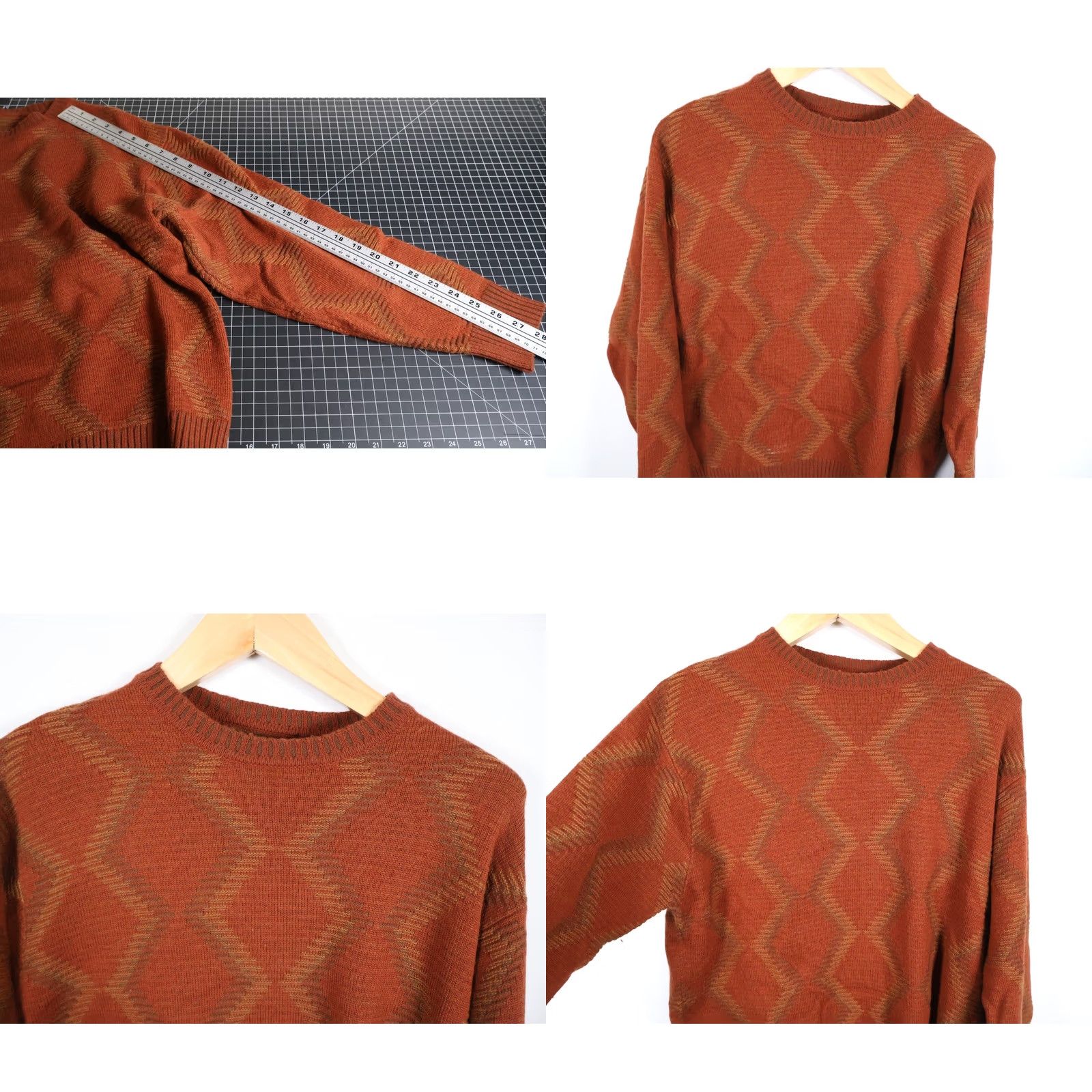 Vintage VTG Wool Blend Sweater Mens Medium Burnt Orange Geometric Pattern Lightweight Pullover Crew Neck 90s Casual Vintage Knit Style Mens Size US M / EU 48-50 / 2 - 8 Thumbnail