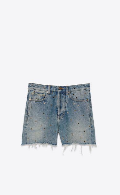 Anthony Vaccarello × Saint Laurent Paris Saint Laurent SS20 Studded Denim Shorts Arizona Light Blue Size US 31 - 9 Thumbnail
