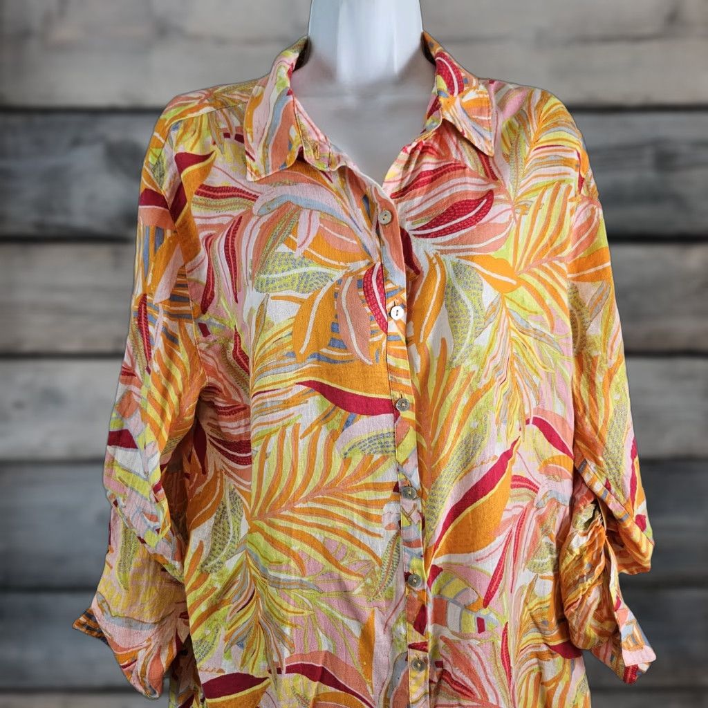 Vintage C&C California Womens Shirt Dress XL Pink Orange Long Sleeve Linen Rayon Size XL / US 12-14 / IT 48-50 - 1 Thumbnail