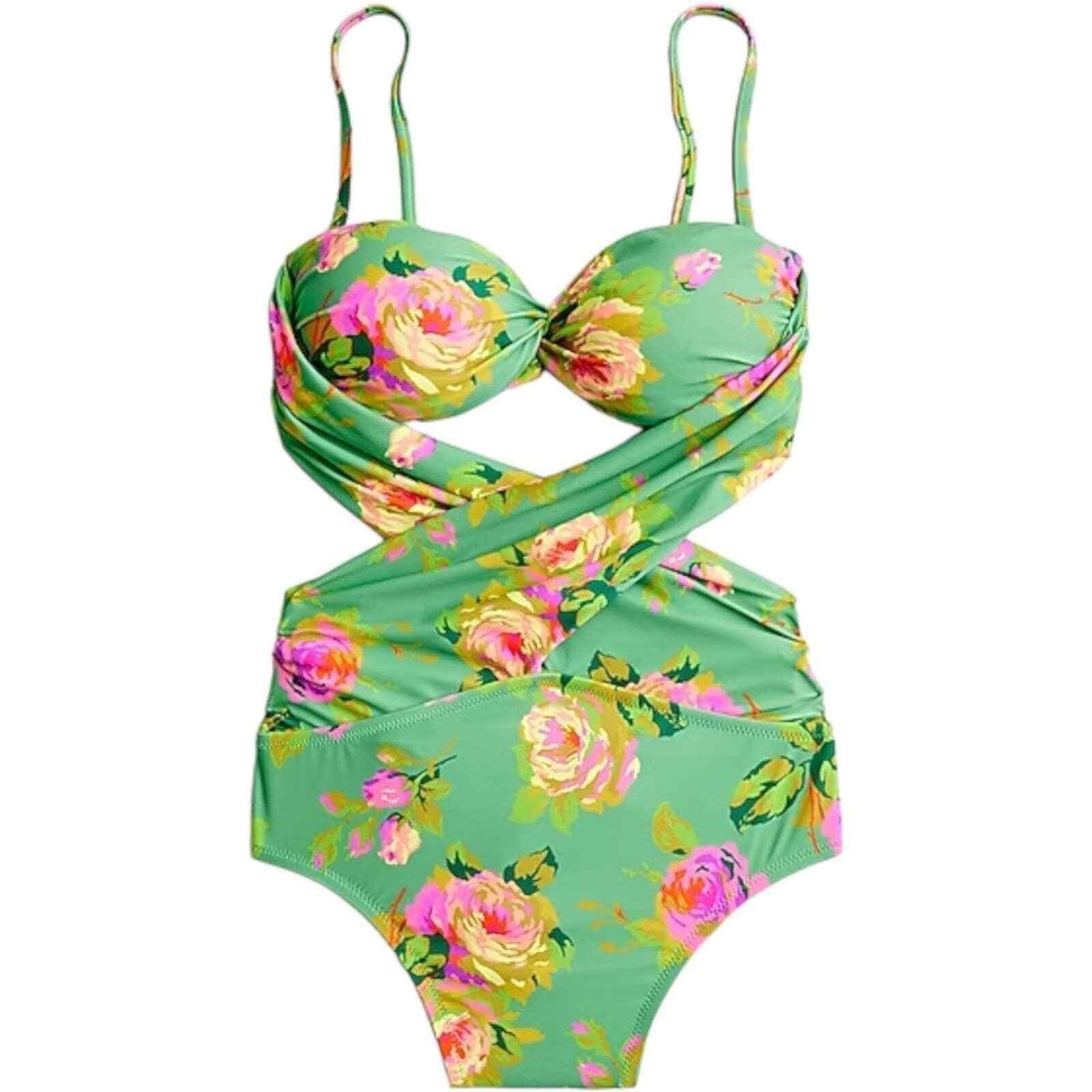 J.Crew J.Crew Green Floral Crisscross Cutout Bandeau One-piece, US0 Size ONE SIZE - 1 Thumbnail