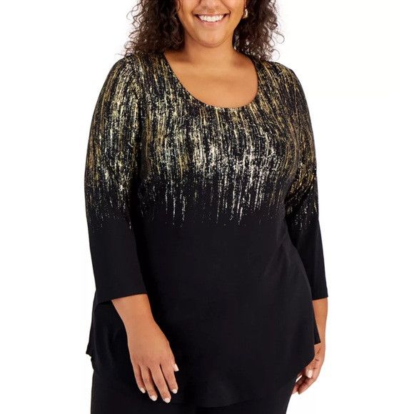 Other JM Collection black knit 3/4 sleeve blouse gold print sz 2x Size XXL / US 16-18 / IT 52-54 - 1 Thumbnail