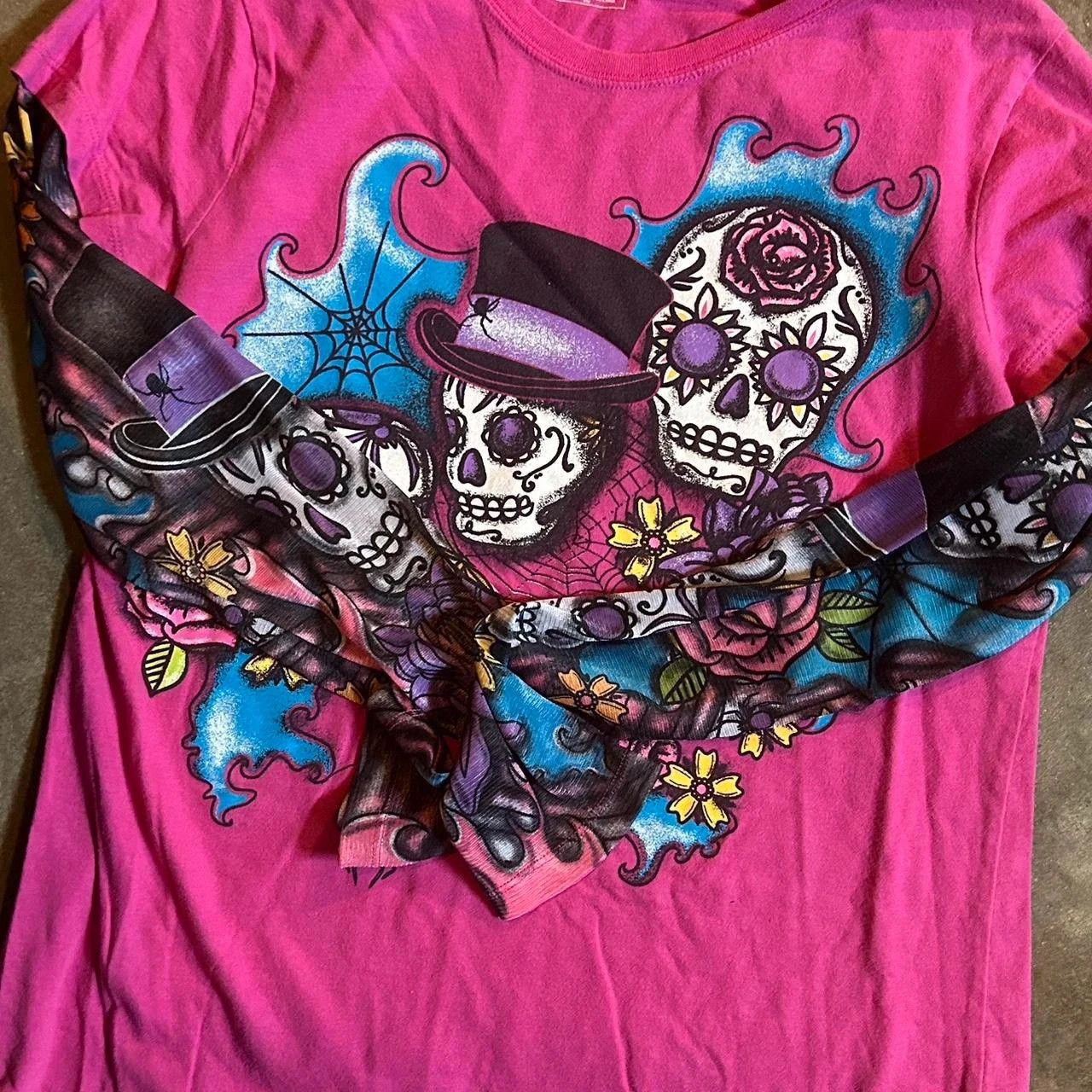 Affliction Y2K Pink sugar skull spider web graphic tattoo t-shirt Size XL / US 12-14 / IT 48-50 - 3 Thumbnail