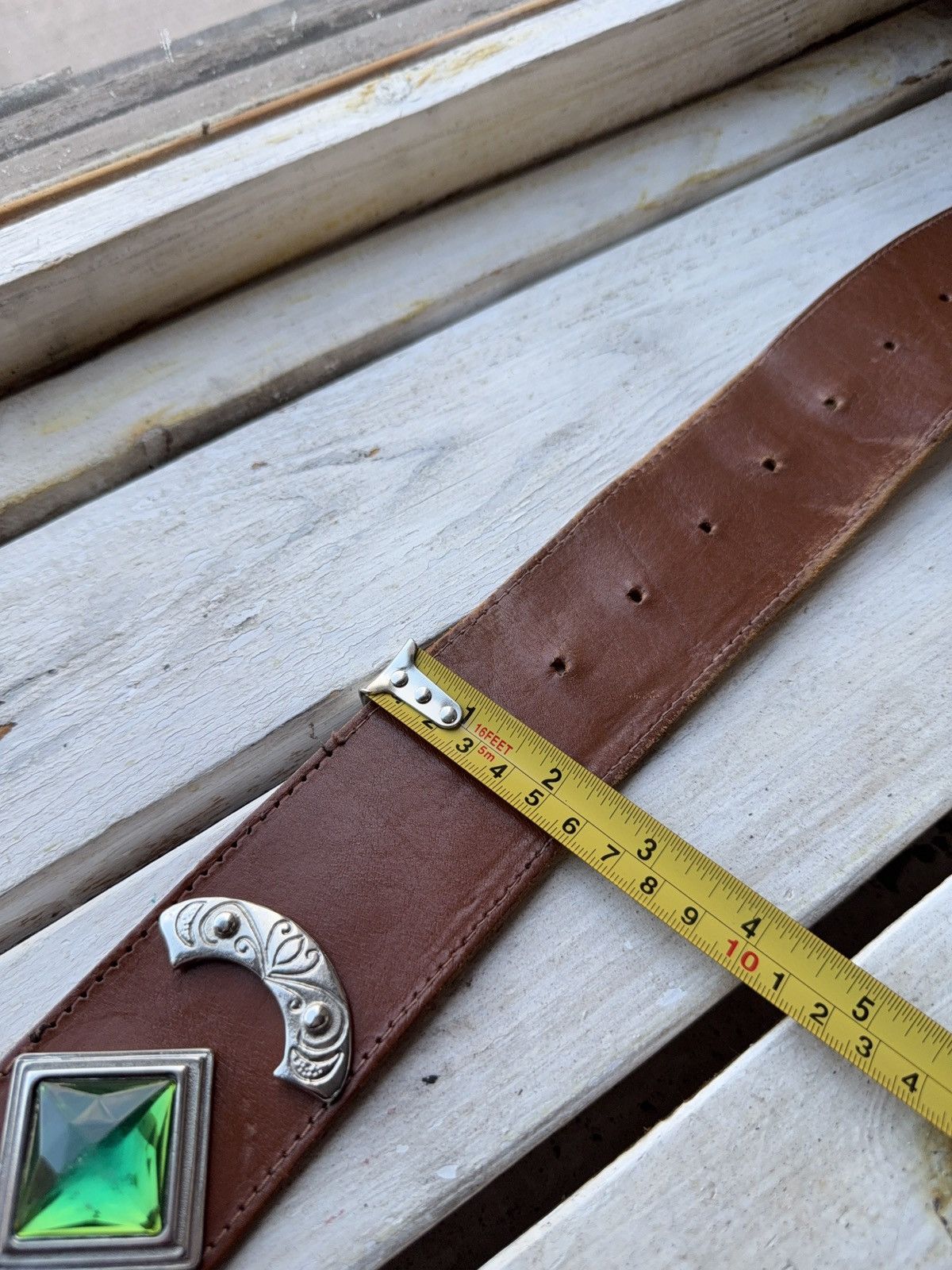 Japanese Brand Western Brown Leather Belt Green Gem Silver Details Size ONE SIZE - 14 Thumbnail