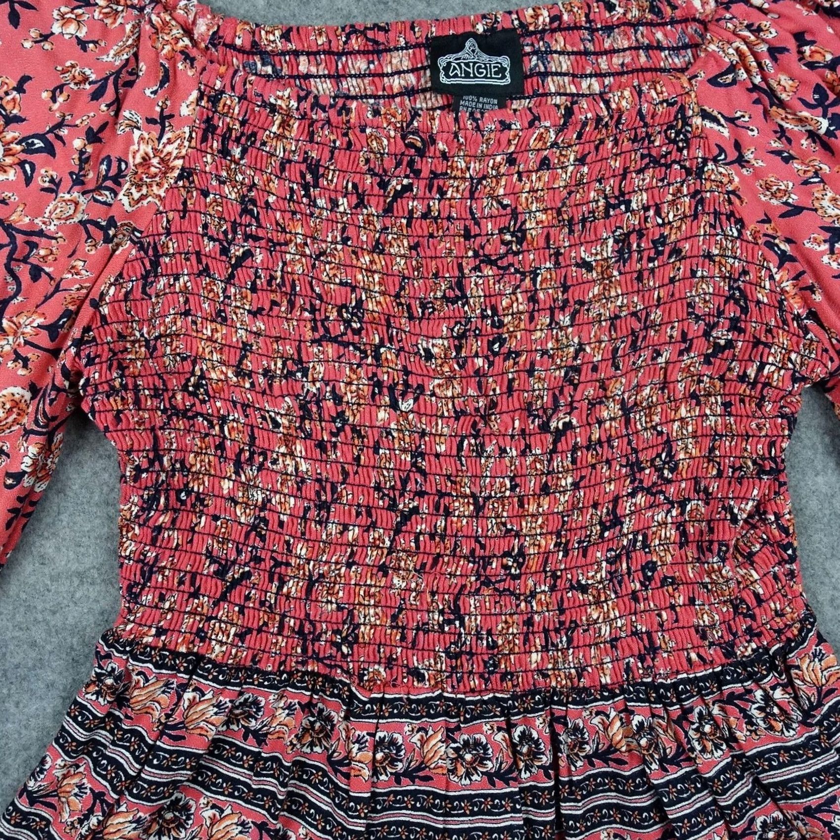 Bell Angie Blouse Shirt Womens Large Pink Floral Boho Bell Sleeve Smocked Square Neck Peasant Rayon L Size L / US 10 / IT 46 - 3 Thumbnail