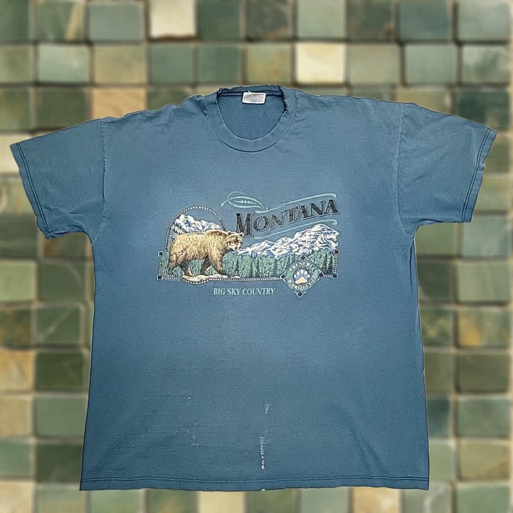 Jerzees VINTAGE Montana Grizzly Bear Nature Shirt Mens XXL Teal Grunge Retro Made in USA Size US XXL / EU 58 / 5 - 1 Thumbnail
