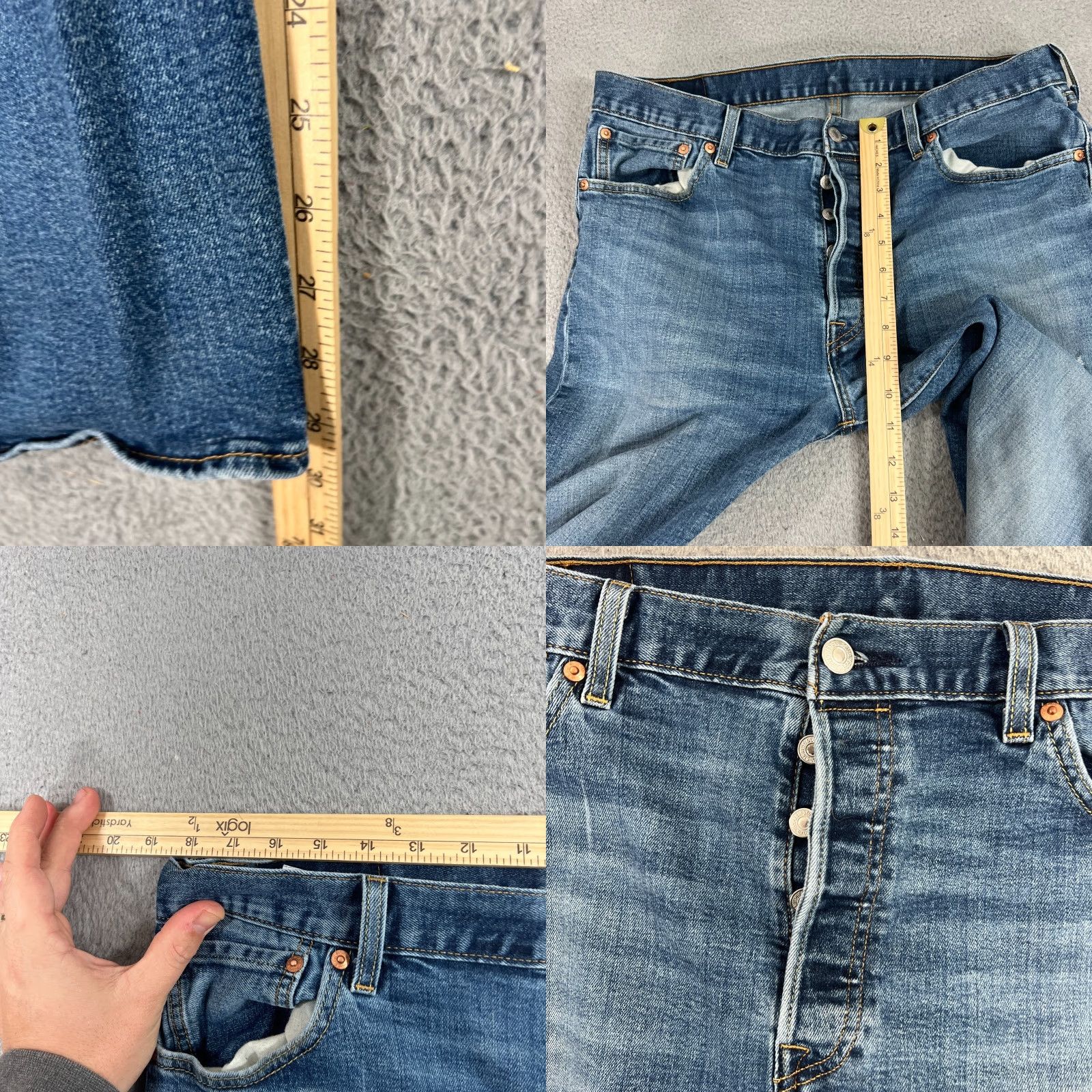 Levi's Levis 501 Jeans Mens 36x30 Blue Straight Button Fly Mid Rise Distressed Med Wash Regular 5-Pocket Denim Cotton Levi's 501 Series Jeans Mens Blue Size US 36 / EU 52 - 8 Thumbnail