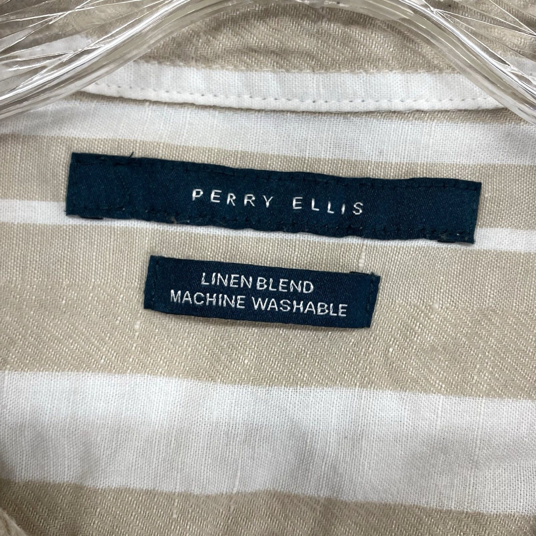 Perry Ellis Vintage Perry Ellis Men's Linen Blend Shirt Large Short Sleeve Beige Striped Casual Summer Beach boating Size US L / EU 52-54 / 3 - 3 Thumbnail