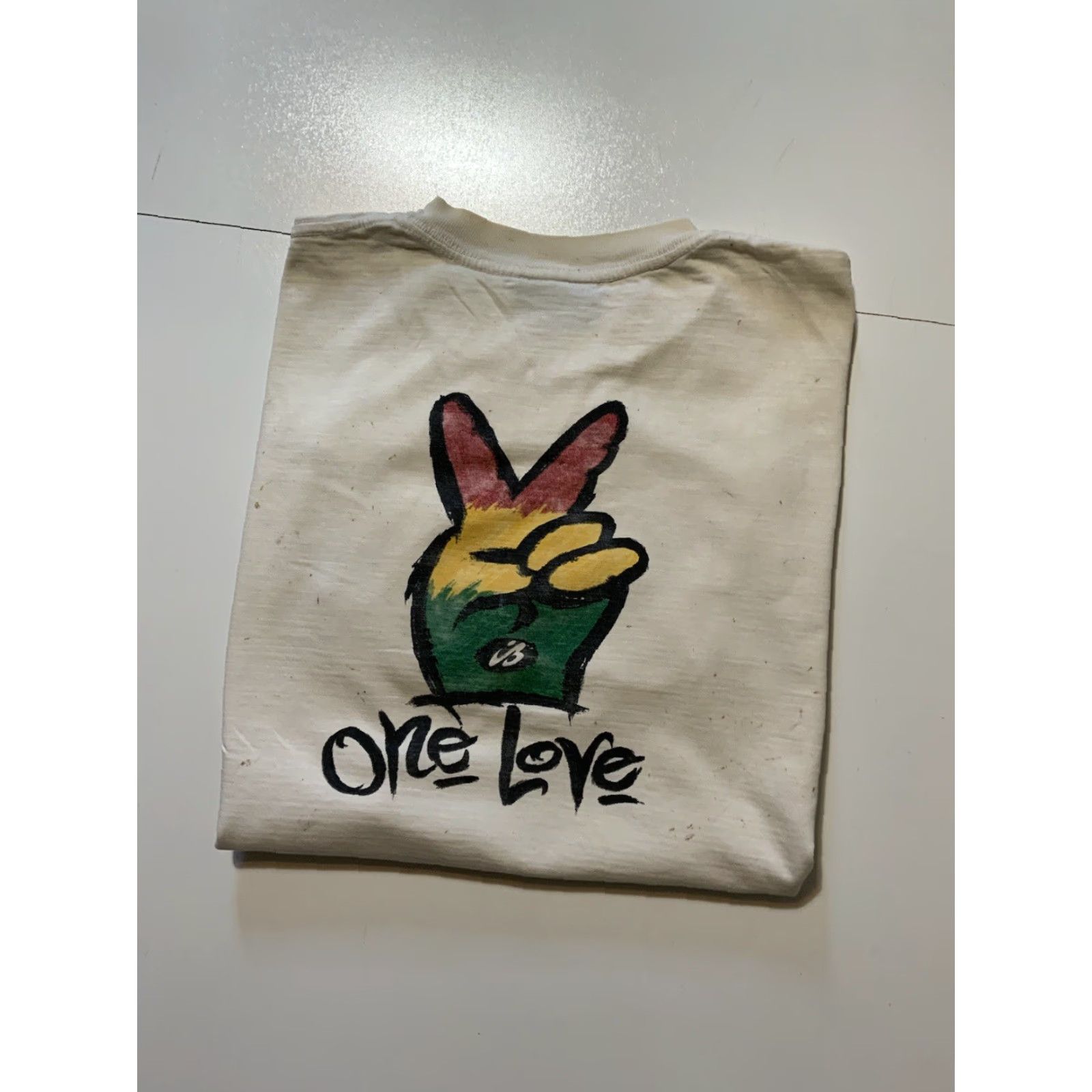 Vintage VINTAGE Irie Blue Barbados One Love Peace Rasta Single Stitch T-Shirt XL White 90s Mens? Womens? (Oops) Size US XL / EU 56 / 4 - 2 Thumbnail