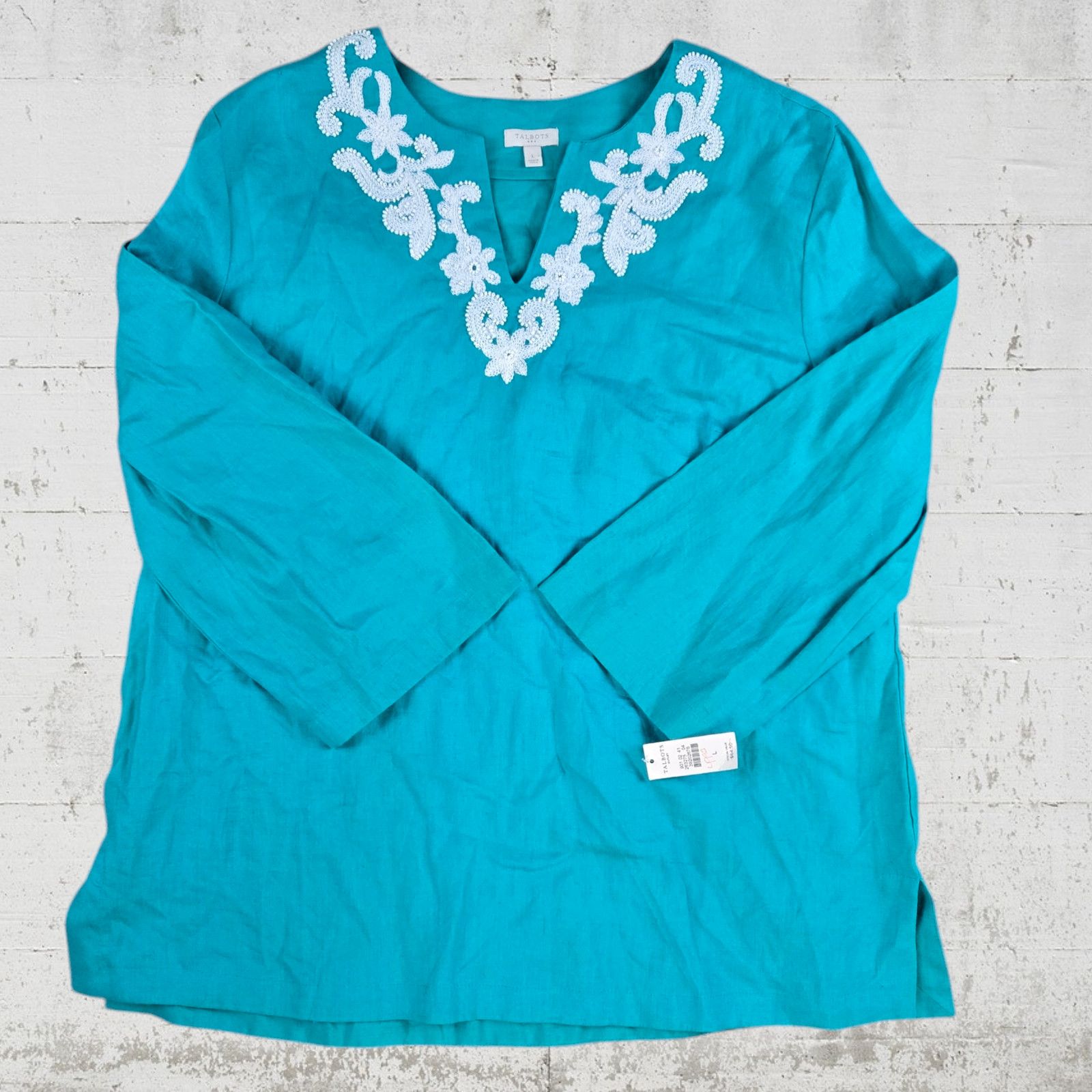 Other Talbots Teal Embroidered Linen Blouse Size Large Size L / US 10 / IT 46 - 2 Thumbnail