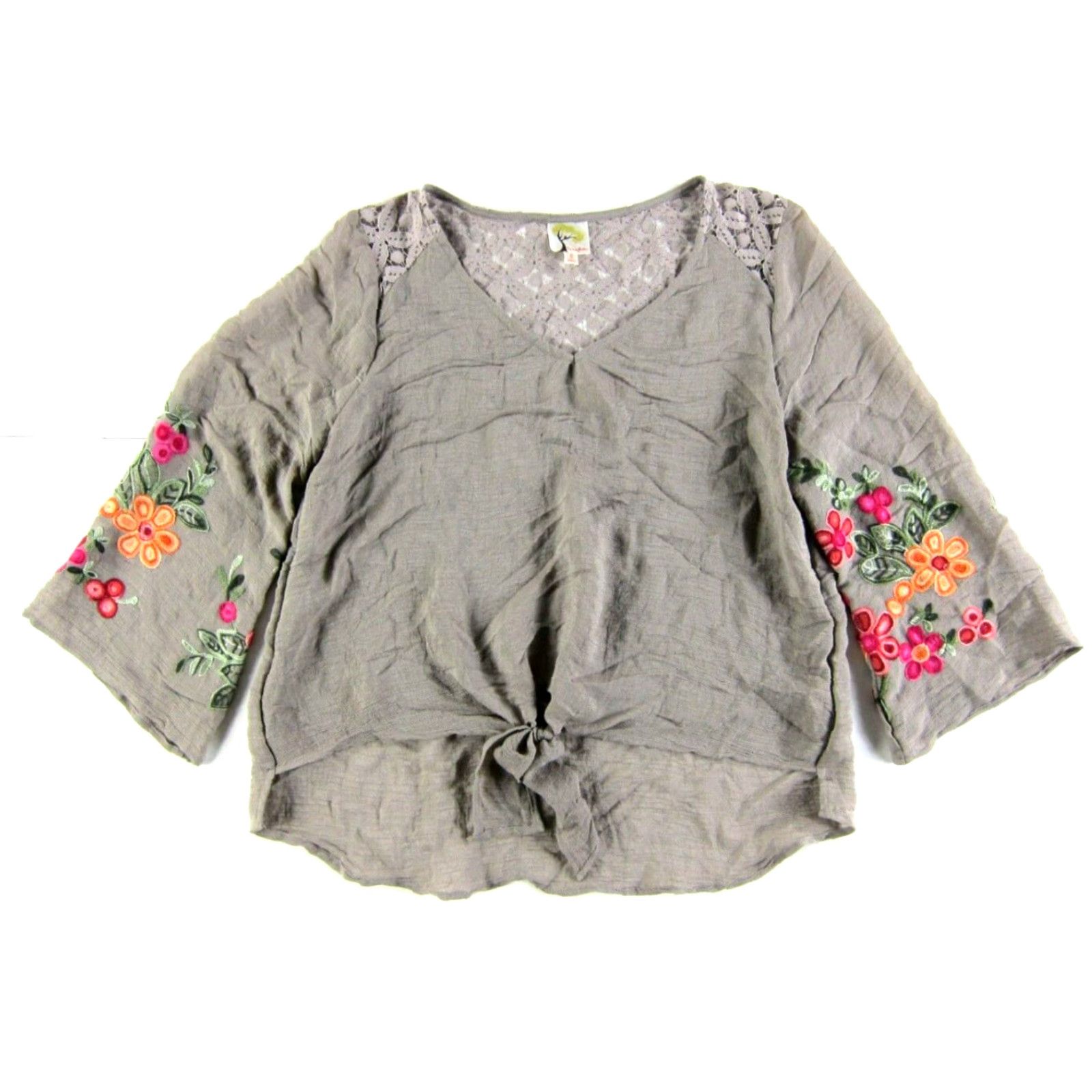 Anthropologie Fig And Flower Brown Pink Embroidered Floral V-Neck Tie Blouse L Size L / US 10 / IT 46 - 5 Thumbnail