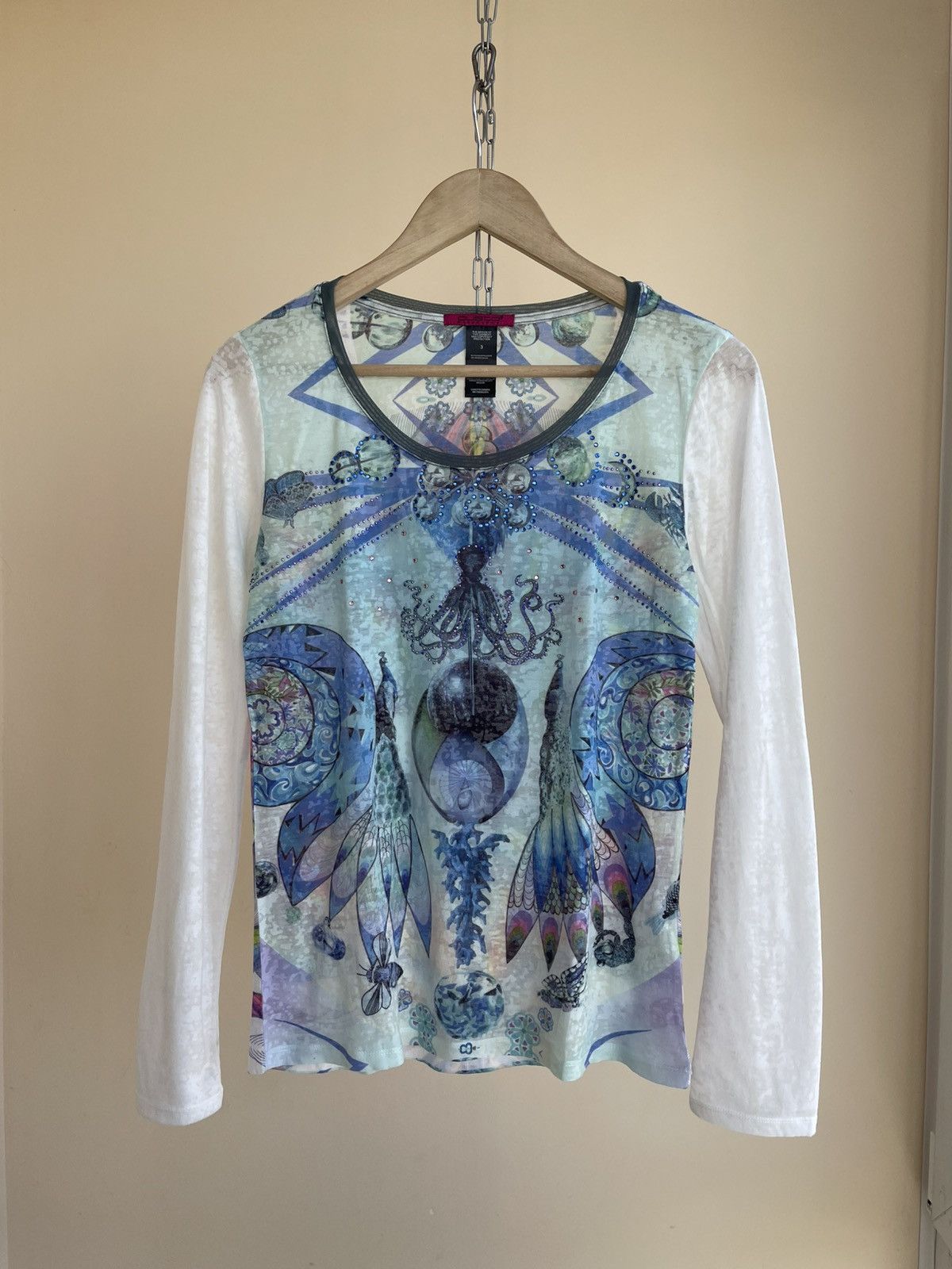 Custo Barcelona Octopus Abstract Print Viscose Mesh Long Sleeve Top T-Shirt Size M / US 6-8 / IT 42-44 - 1 Thumbnail