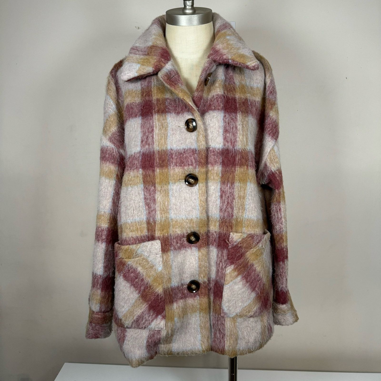 Unknown London Cyrus Brushed Plaid Button Jacket Shacket Camel Burgundy Size M / US 6-8 / IT 42-44 - 1 Thumbnail