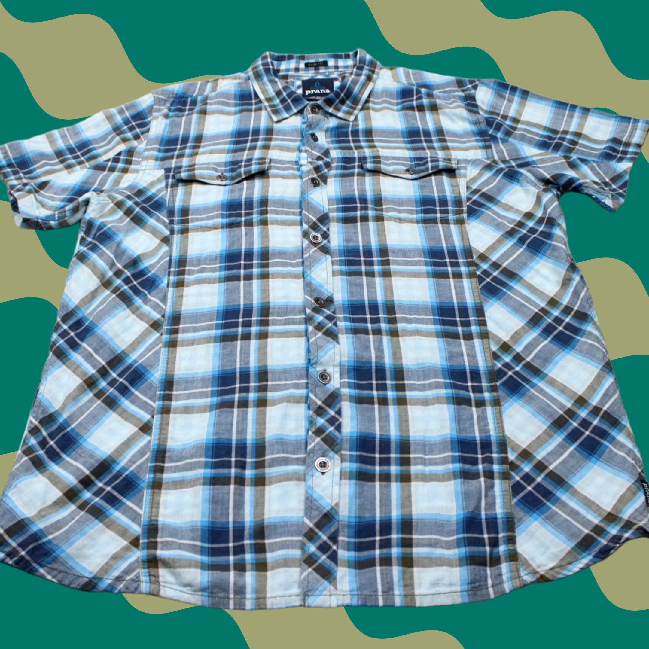 Prana prAna Zoltan Shirt Men XL Blue/White Slim Fit Organic Cotton Short Sleeve Button-Up Shirt Size US XL / EU 56 / 4 - 1 Thumbnail