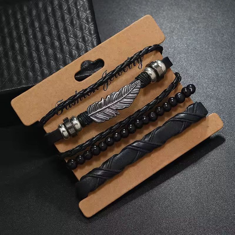 Leather Feather and Beads Adjustable Bracelet Size ONE SIZE - 2 Thumbnail