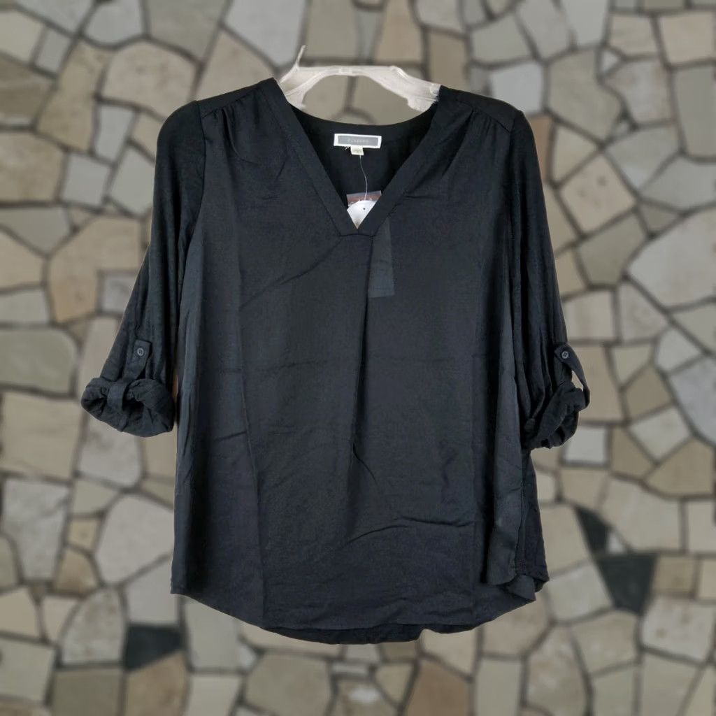 Vintage Pleione Womens Roll Tab Mixed Media V Neck Blouse Top Black S Long Sleeve Size S Size S / US 4 / IT 40 - 1 Thumbnail
