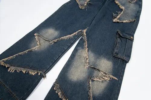 Japanese Brand Star patch men's raw edge distressed washed loose jeans Size US 32 / EU 48 - 5 Thumbnail