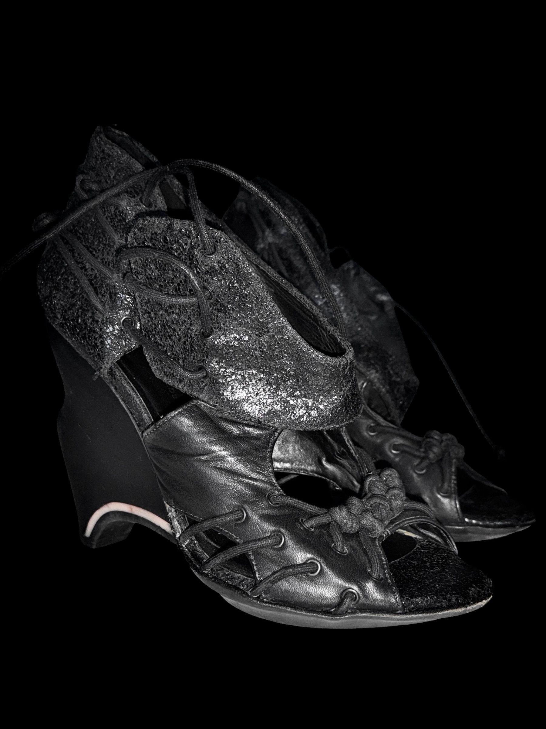 Allsaints AllSaints Gothic Avant Garde Black Leather Wedge Sandals Size US 8 / IT 38 - 1 Thumbnail