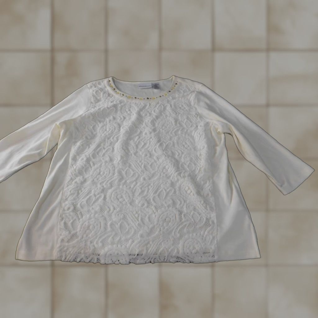 Vintage Alfred Dunner Blouse Casual L Womens Beige Floral Lace Stretch Round Neck Pullover Cotton Polyester Size L / US 10 / IT 46 - 1 Thumbnail
