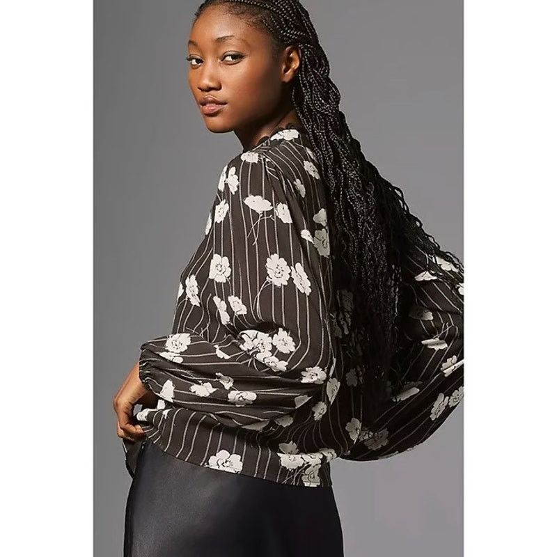 Anthropologie Anthropologie The Odells Black Floral Stripe Blouse SZ M Size M / US 6-8 / IT 42-44 - 3 Thumbnail