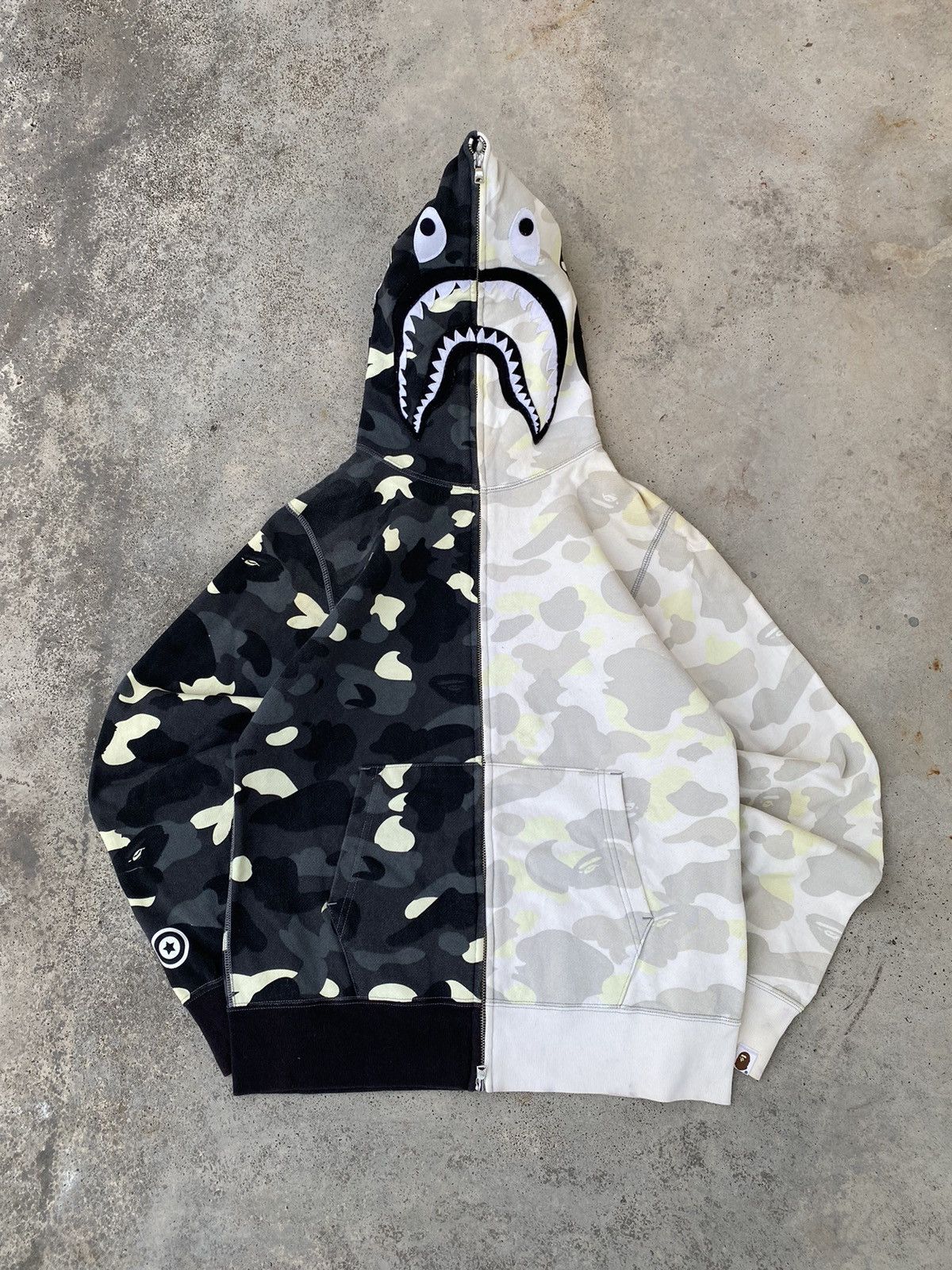 image of Bape Shark Camo Half Split Glow In The Dark Full Zip Hoodie in Black/White, Men's (Size Medium)