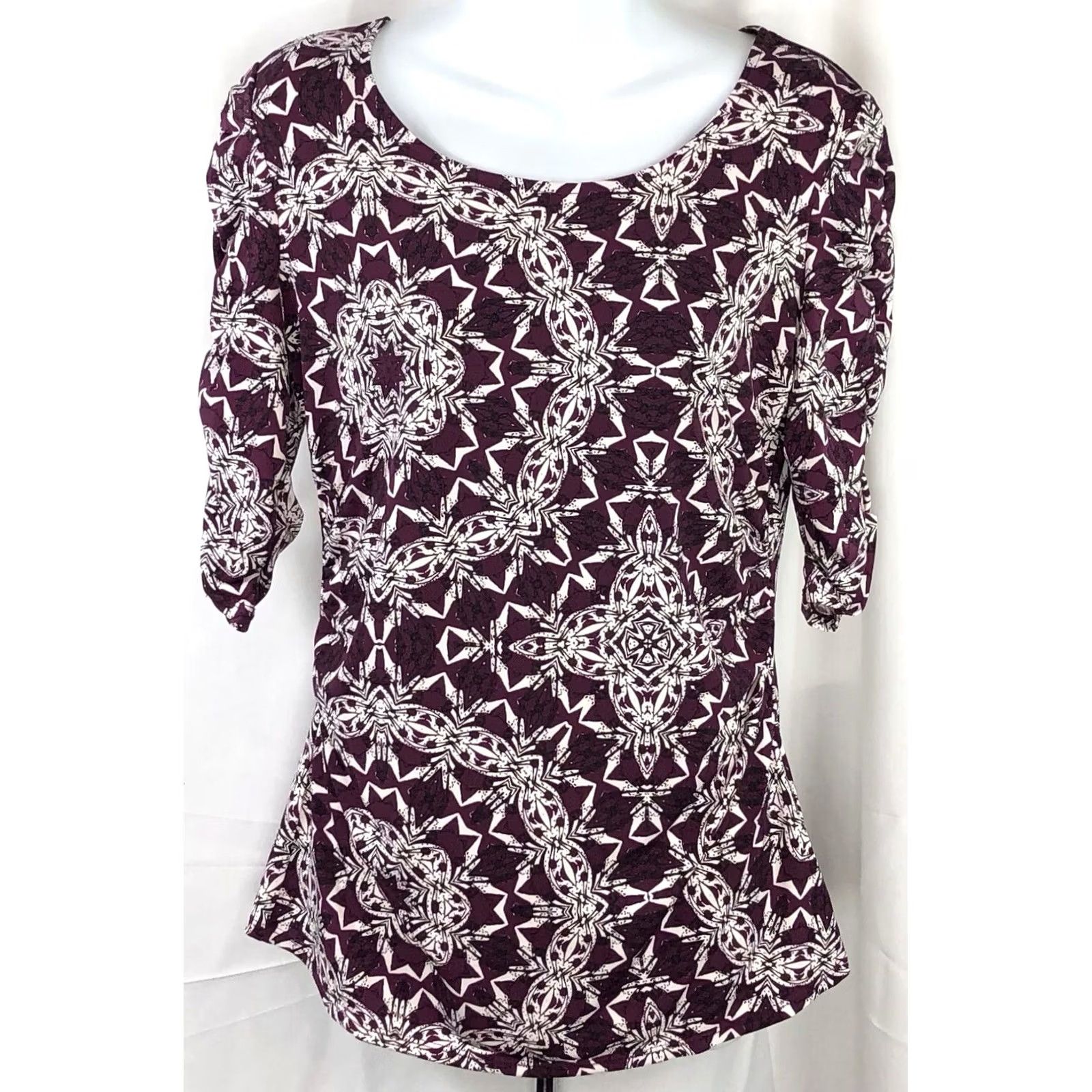 Alfani Alfani Blouse Womens S Purple Top Geometric Abstract Ruched sleeve Tribal Boho Size S / US 4 / IT 40 - 5 Thumbnail