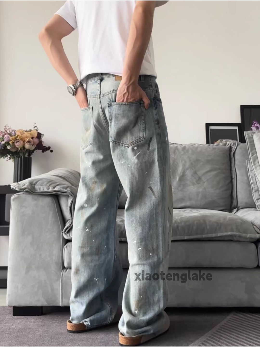 Jean Unisex washed faded loose baggy stain paint jeans Size US 34 / EU 50 - 5 Thumbnail