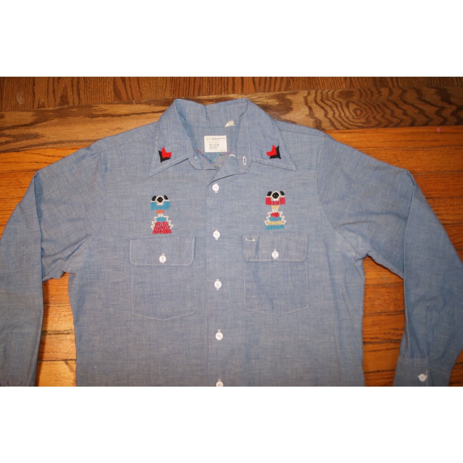 Big Mac Vtg 70s Big Mac Blue Denim M Shirt Aztec Indian Embroider Size US M / EU 48-50 / 2 - 1 Thumbnail