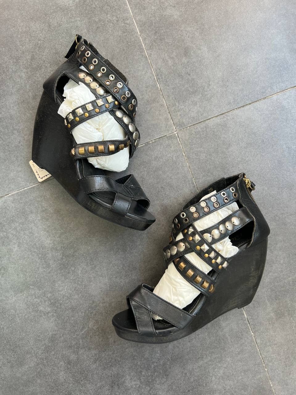 Japanese Brand Studded avant Garde leather ankle heel wedge sandals Size US 9 / IT 39 - 1 Thumbnail
