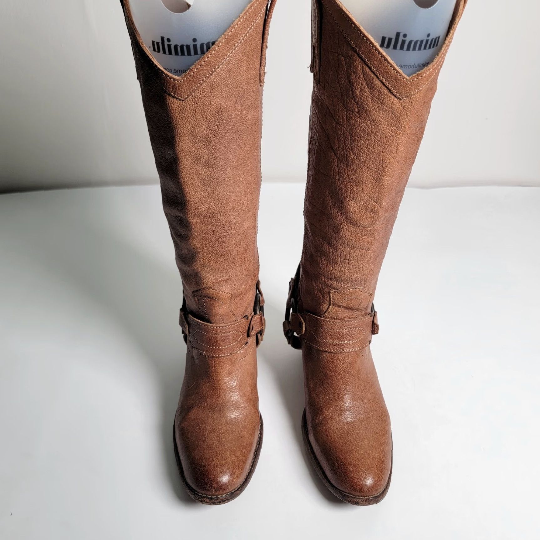 Frye VINTAGE Frye Taylor Harness Boots Brown Leather Western Ladies 6 Almond Toe Slip On Cowboy Mid Heel Leather Outsole Womens Size US 6 / IT 36 - 2 Thumbnail
