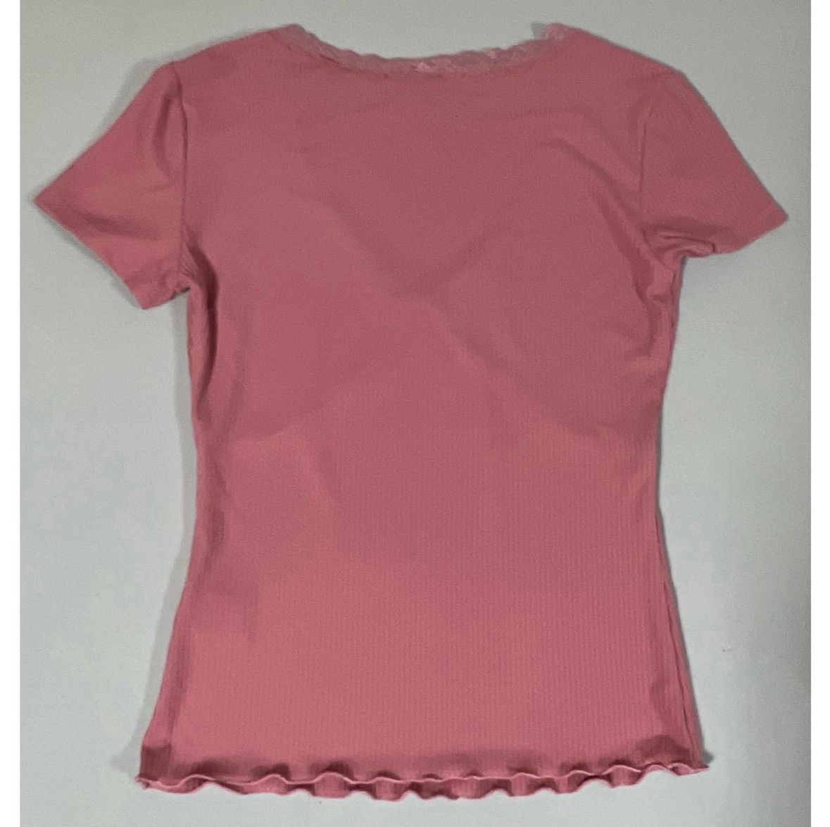 Free Planet Pink Mauve Solid Ribbed Y2K Lace V-Neck Top T-Shirt Tee XS🎀✨ Size XS / US 0-2 / IT 36-38 - 4 Thumbnail