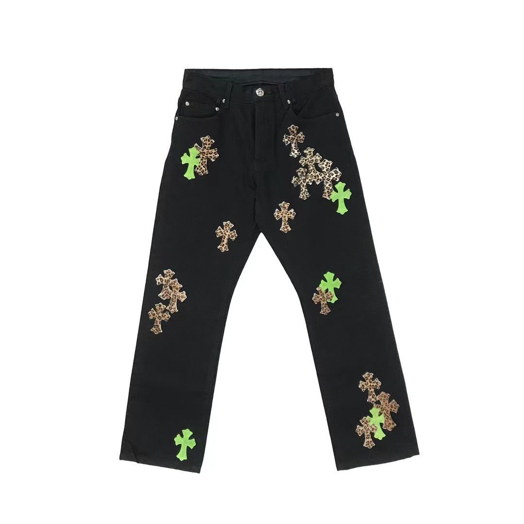 Chrome Hearts Chrome Hearts Leopard Green Leather Cross Patch Jeans ...