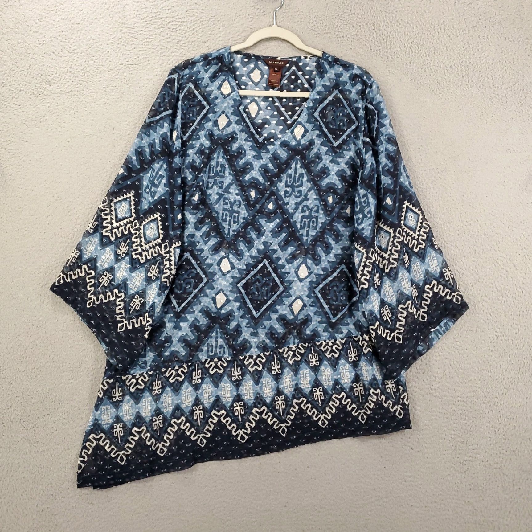 Vintage Multiples Blouse Womens XL Blue Geometric Asymmetric Hem Bell Sleeve Sheer Tunic Size XL / US 12-14 / IT 48-50 - 2 Thumbnail