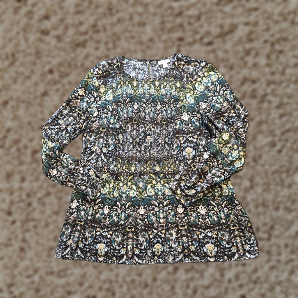 J. Jill J Jill Top Blouse Womens Size M Black Green Smocked Long Sleeve High Neck Casual Shirt Size M / US 6-8 / IT 42-44 - 1 Thumbnail