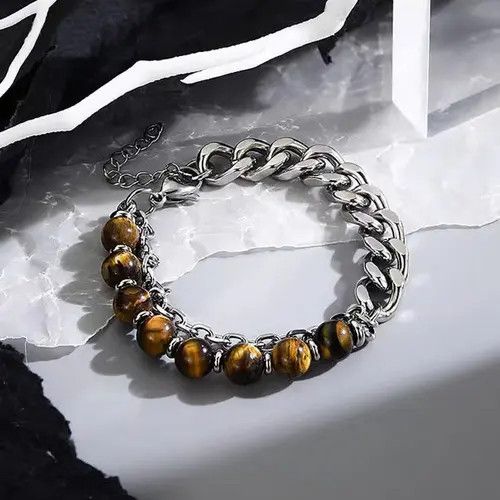 Jewelry Brown Tiger Eye Beaded Chain Bracelet, Chunky Silver Link Size ONE SIZE - 6 Thumbnail
